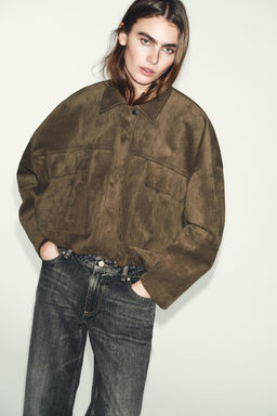 OVERSIZE FAUX SUEDE BOMBER JACKET WITH HOODIE