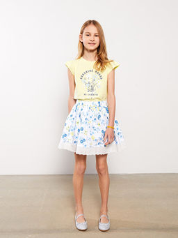 Bisiklet Yaka Bask?l? K?sa Kollu K?z ?ocuk Ti??rt ve Etek - Waikiki фото 3