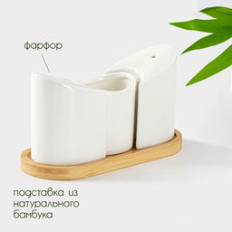Набор для специй BellaTenero, солонка 60 мл, перечница 60 мл, ёмкость для зубочисток, на бамбуковой подставке, фарфор, белый фото 2
