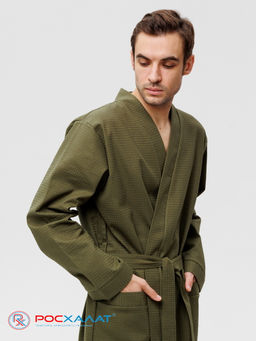Мужской вафельный халат с планкой хаки В-03 (26)