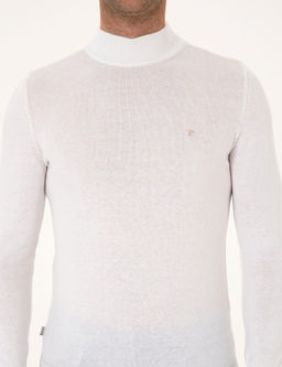 Ekru Slim Fit Yar_m Bal_k__ Yaka Basic Triko Kazak