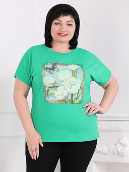 Футболка женская изумрудная с принтом цветы