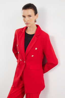 K?rm?z? Dugme Detayl? Astarl? Fitted Bele Oturan Kal?p Dokuma Blazer Ceket TWOAW25BC00021 - Trendyolmilla фото 2