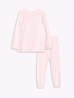 Bisiklet Yaka Kabartma Yaz? Desenli Uzun Kollu Kadife K?z ?ocuk Pijama Tak?m?
