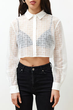 Ekru Dantelli Crop Regular Normal Kal?p Dokuma Gomlek TWOSS24GO00054