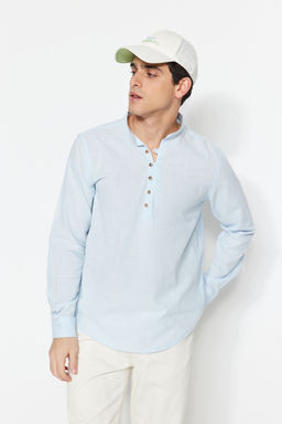 TRENDYOL MAN Mavi Slim Fit Yar?m Patl? Dugmeli Hakim Yaka Keten Gorunumlu Gomlek TMNSS20GO0097 - Trendyolmilla фото 29