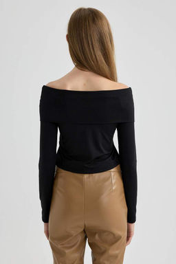 Приталенная футболка с открытыми плечами и длинными рукавами - Defacto фото 9