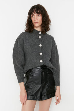 Antrasit Yumusak Dokulu Mucevher Dugmeli Ceket Gorunumlu Triko H?rka TWOAW21HI0034