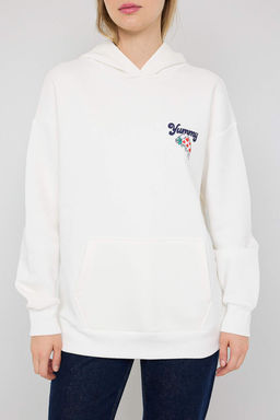 Teen Ekru S?rt Bask?l? Oversize/Genis Kal?p Kapusonlu Orme Sweatshirt TWOAW26SW00166 - Trendyolmilla фото 3