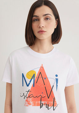 Ucgen Bask?l? Beyaz Istanbul Tisort - Mavi фото 6