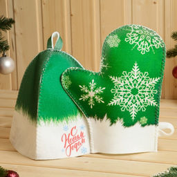 Набор для бани с принтом «С новым годом!», 5 предметов: шапка, рукавица, тапочки, коврик, портфель, зелёный, «Банная забава»