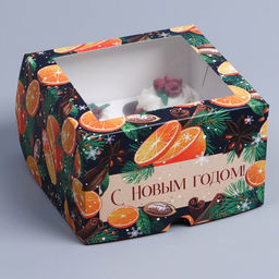 Цена за 5 шт. Коробка складная на 4 капкейка новогодняя с окном «С Новым годом», 16×16×10 см