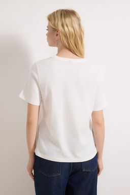 Zumrut Yesili-Ekru %100 Pamuk Bisiklet Yaka 2li Paket Orme T-Shirt TWOSS20TS0141