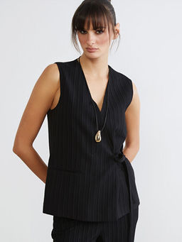 Kruvaze Yaka Keten Kar???ml? Kad?n Klasik Yelek