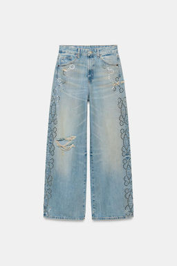 JEANS TRF WIDE LEG ROTOS TACHAS / Azul claro - Zara фото 4