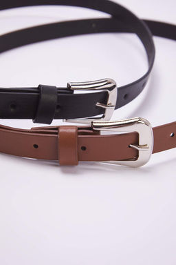 Siyah-Taba 2li Paket Deri Gorunumlu Kemer TWOAW26KE00000 - Trendyolmilla фото 4