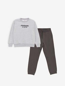 Bisiklet Yaka Bask?l? Uzun Kollu Erkek ?ocuk Sweatshirt ve E?ofman Alt?