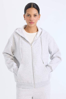 Relax Fit Kapusonlu Cepli Basic Duz Fermuarl? Sweatshirt - Defacto фото 9