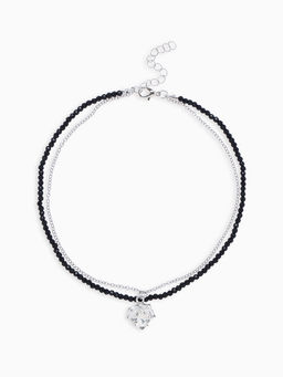 Колье из бисера «Сердце», двойной ряд, чёрно-белое в серебре