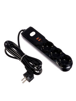 Удлинитель сетевой, 3 розетки, 3 м, 1300 Вт, 3×0.75 мм2, 2 USB-A, USB-C, 2.1 А, с заземлением, с выключателем, чёрный