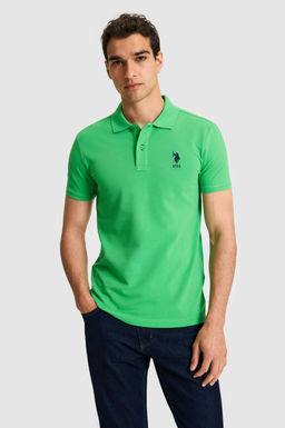Erkek Slim Fit Polo Yaka A__k Ye_il Basic Ti__rt