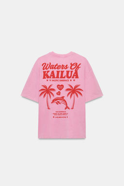 CAMISETA EFECTO LAVADO TEXTO / Rosa