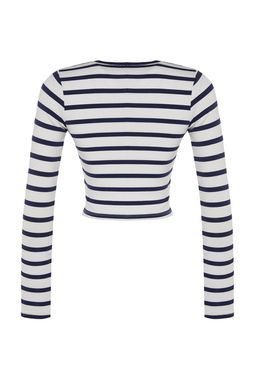 Lacivert Cizgili Premium Viskoz Yumusak Kumasl? Fitted Crop Esnek Orme Bluz TWOAW24BZ00048