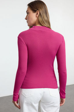 Pembe Fitted/Vucuda Oturan Dik Yaka Uzun Kol Fitilli Esnek Orme Bluz TWOAW21BZ0423