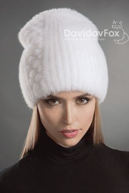 Шапка Бини норка орнамент белая