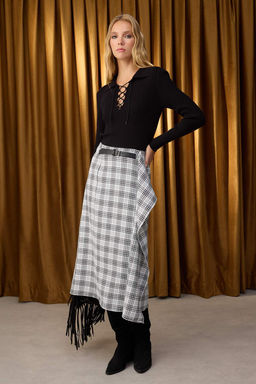 Siyah Ekoseli Midi Kemer Detayl? Etek TWOAW26ET00071 - Trendyolmilla фото 2