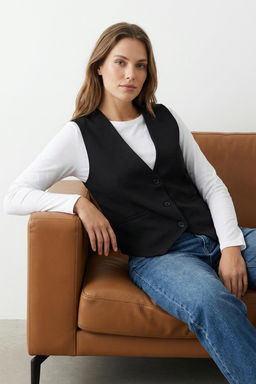 Siyah Regular Dokuma K?sa/Crop Yelek TWOSS22YE0053