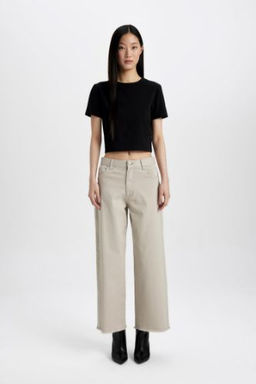 Culotte Gabardin Pantolon Yuksek Bel Basic Duz Cepli Genis Bol Paca