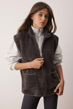 Antrasit Oversize/Genis Kal?p Cep Detayl? Fermuarl? Pelus Kolsuz Orme Yelek TWOAW26YE00021
