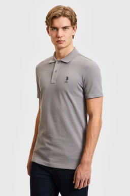 Erkek Slim Fit Polo Yaka Gri Basic Ti__rt