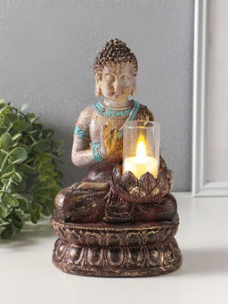 Сувенир полистоун подсвечник "Будда с лотосом" с золотой патиной 10х14,5х25 см
