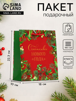 Цена за 2 шт. Пакет подарочный новогодний ламинированный Счастливого Нового года, на красном, 18?22.3?10 см - Simaland фото 3
