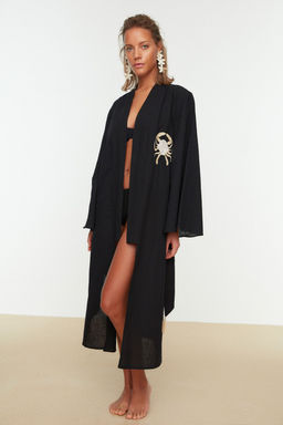 Siyah Kusakl? Midi Dokuma Nak?sl? Flaml? Pamuk Plaj Kimono&Kaftan TBESS22KM0039
