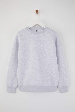 Kar Melanj Oversize/Rahat Kesim Basic Bisiklet Yaka Kal?n/Ici polarl? Orme Sweatshirt TWOAW24SW00102