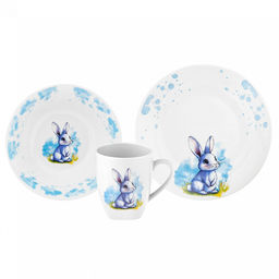 Набор посуды фарфоровый "Зайка, голубой" 3 предмета: тарелка мелкая д175мм гладкий край, салатник д360мм, кружка 210мл, форма "Глория", подарочная упаковка (Россия)