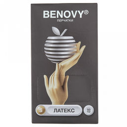 Перчатки медицинские смотровые латексные опудренные нестерильные одноразовые "Benovy" S, текстурированные, эластичные, внутреннее покрытие пудра, устойчивые к разрывам, водонепроницаемые, желтый, ГОСТ 52238-2004, цена за упаковку 50пар, в коробке (Ма