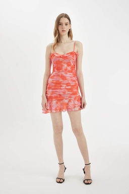 Облегающее мини-платье из тюля с узором на бретелях - Defacto фото 4