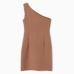 Платье женское короткое на одно плечо MINAKU: Casual Collection, коричневое, размер 42