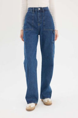 Wide Leg Kargo Yuksek Bel Duz Paca Jean Kar Y?kamal? Pantolon