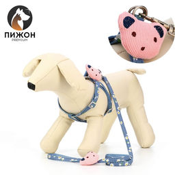 Комплект амуниции с игрушкой, поводок 120 х 1 см, ОШ 24-38 см, ОГ 24-38 см, синий с цветами - Пижон фото 5