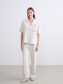 G?mlek Yaka Ay? Bask?l? Kad?n Pijama Tak?m?