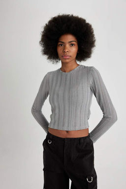 Приталенная футболка с длинным рукавом и круглым вырезом - Defacto фото 4