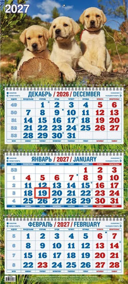 Календарь квартальный настен. 3-х блочный, 310*680мм, 2027г. "Три щенка" (4527020)