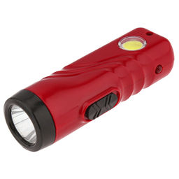 Фонарь ручной 10,7х3,4х3,8см, 2 режима свечения: максимальный; боковой на панеле корпуса, две светодиодные лампы 1Вт/COB, встроенный аккумулятор емкостью 800 мАч, пластиковый корпус, цвет - красно-черный, с USB зарядкой, USB-кабель длиной 28см в комп