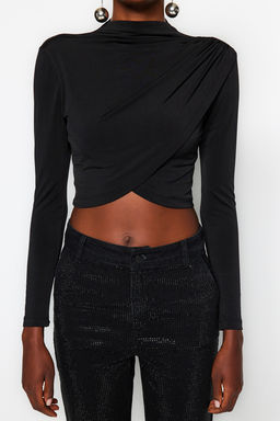 Siyah Dik Yaka Drapeli Crop Bluz TWOAW24BZ00164