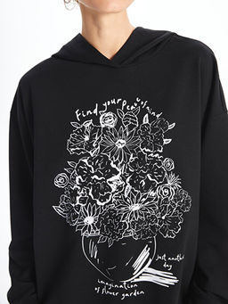 Bask?l? Uzun Kollu Oversize Kad?n Kal?n Hoodie